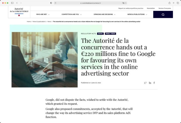 Site regulador francês que multa a Google por posição dominante na publicidade
