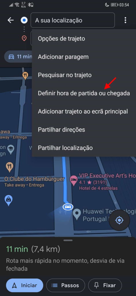 Google Mapas viagem sair chegar