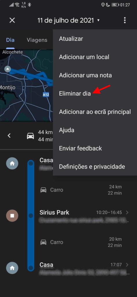 Google Maps apagar dia cronológica