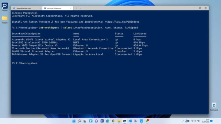 Windows PowerShell comando velocidade dispositivos