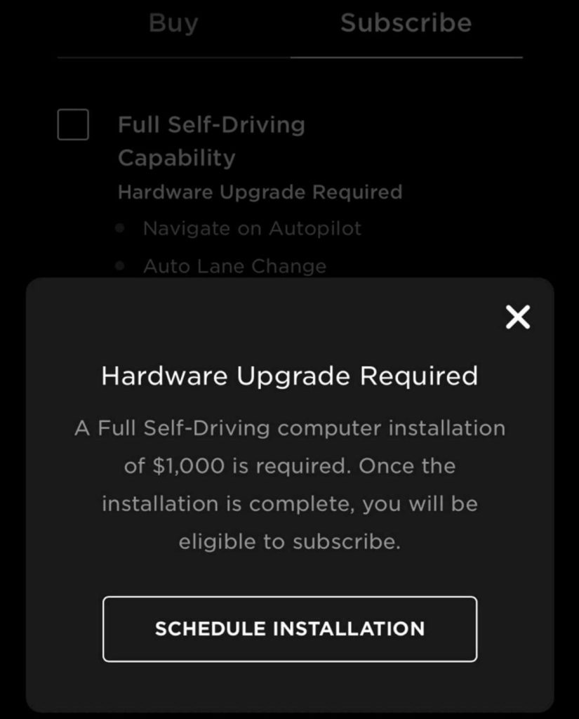 Tesla Full Self-Driving clientes upgrade carros