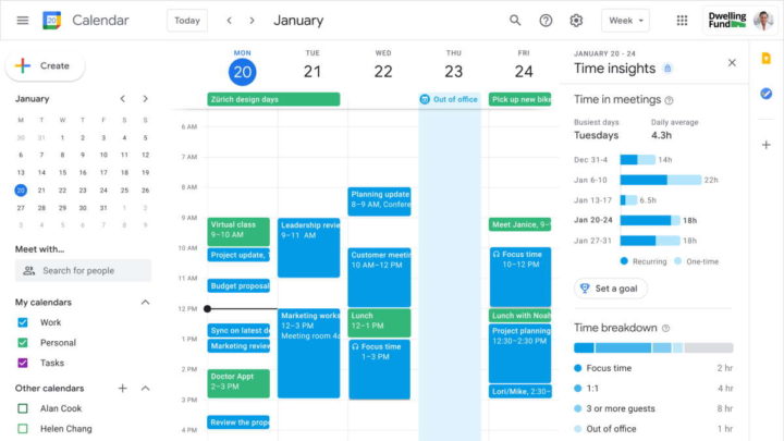 Google Calendar reuniões agenda tempo