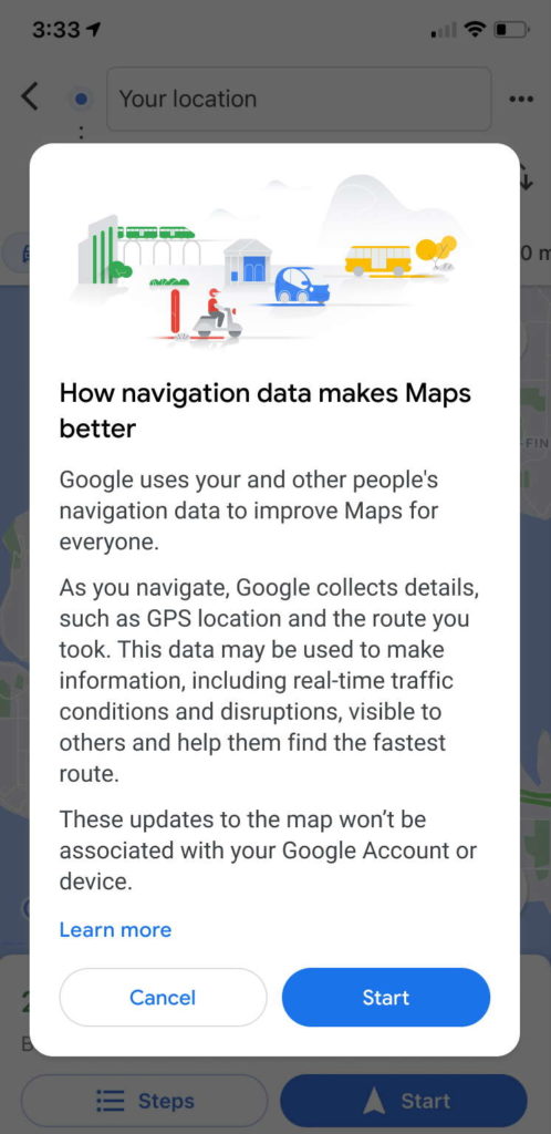 Google Maps dados notificação partilha