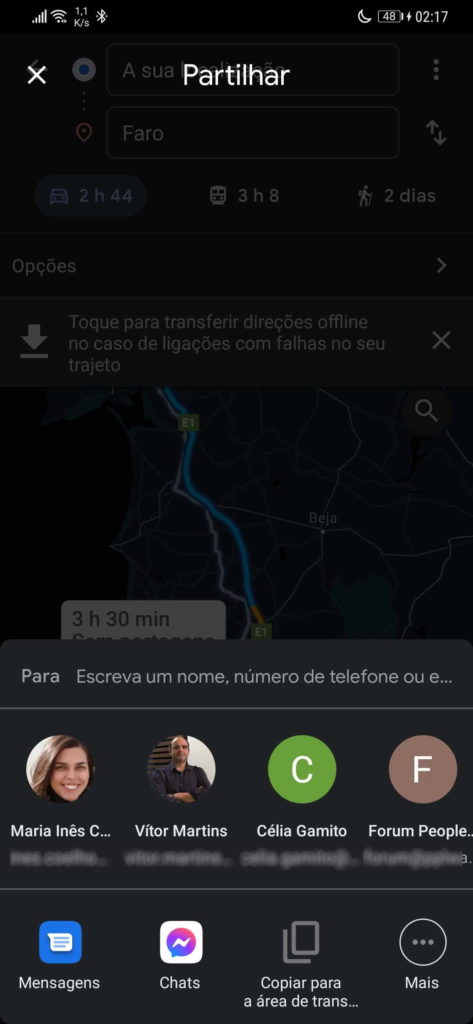 Google Maps partilhar rotas