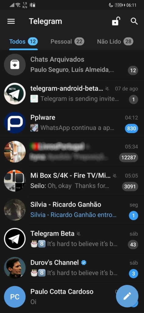 Telegram interface definições configuração