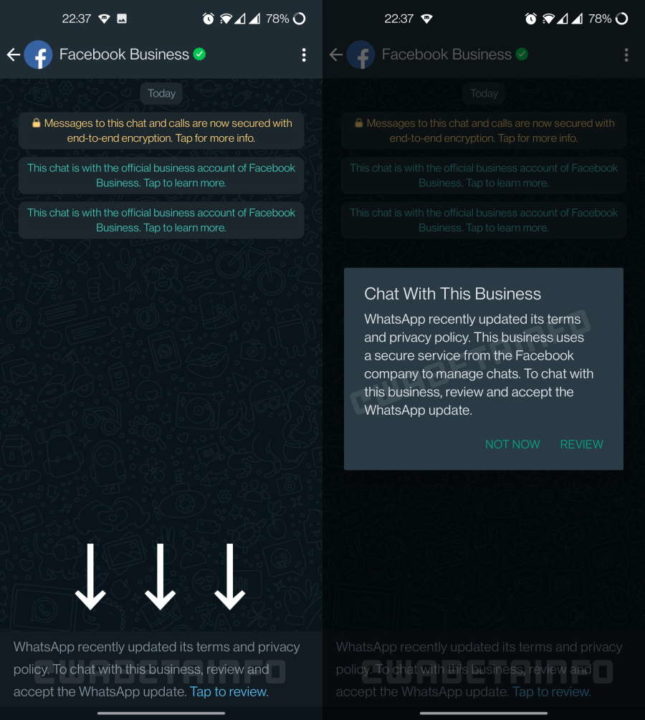 WhatsApp regras business Facebook facultativas