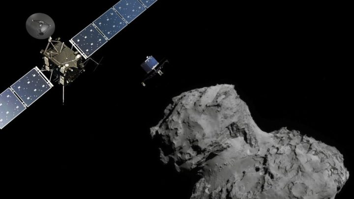 Ilustração nave espacial Rosetta a lançar no cometa o aterrador Philae