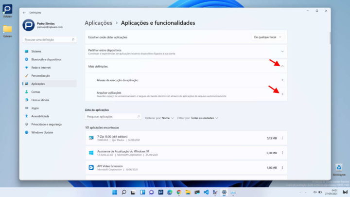 Windows 11 espaço arquivadas apps armazenamento