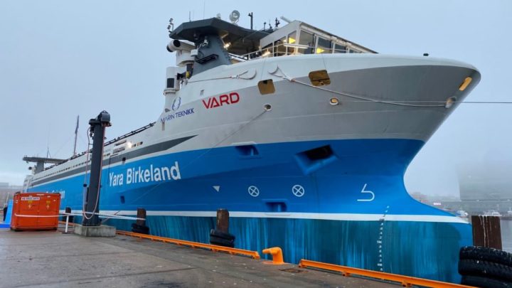Image of the Yara Birkeland, the first all-electric container ship