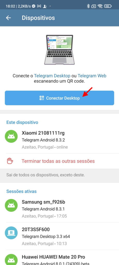 Telegram sessões dispositivos gerir utilizadores