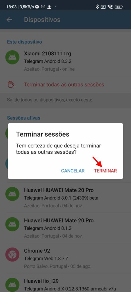 Telegram sessões dispositivos gerir utilizadores