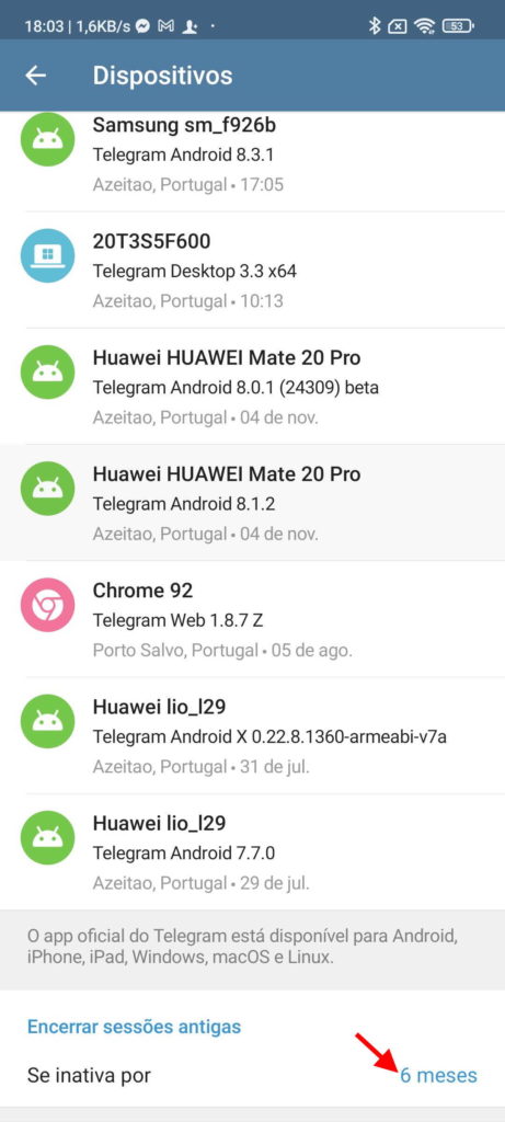 Telegram sessões dispositivos gerir utilizadores