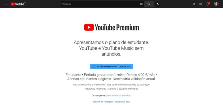 YouTube Premium para estudantes
