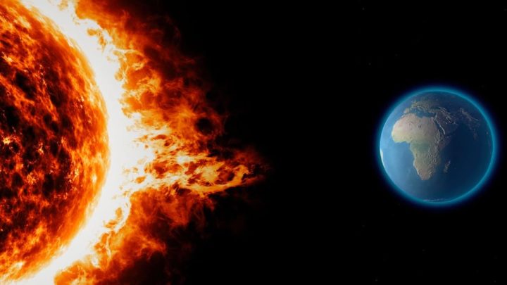 Ilustração de chama lançada pelo Sol contra a Terra