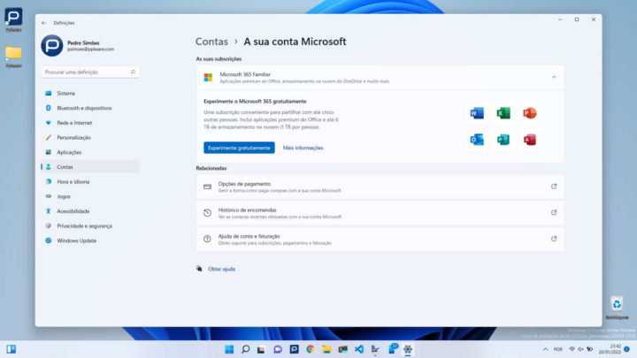 Windows 11 Microsoft conta Definições gerir
