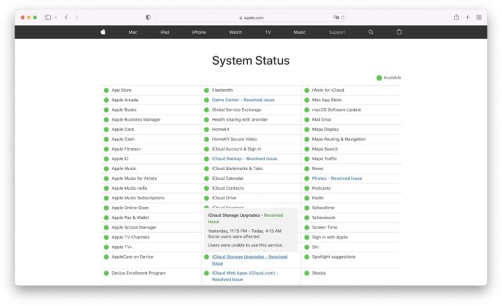 Imagem status serviços iCloud da Apple