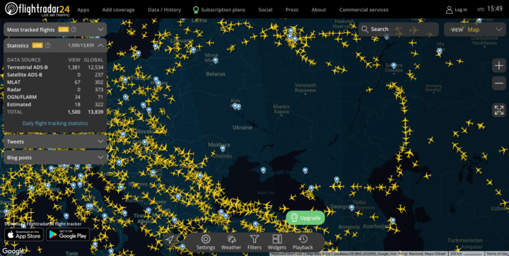 Espaço aéreo na Europa está comprometido e o serviço Flightradar24 não aguenta
