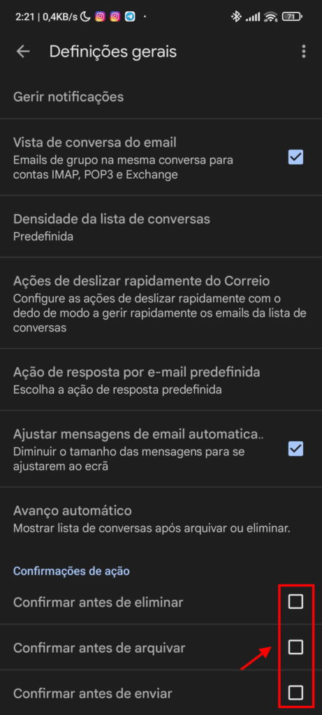 Gmail Android email controlar mensagens
