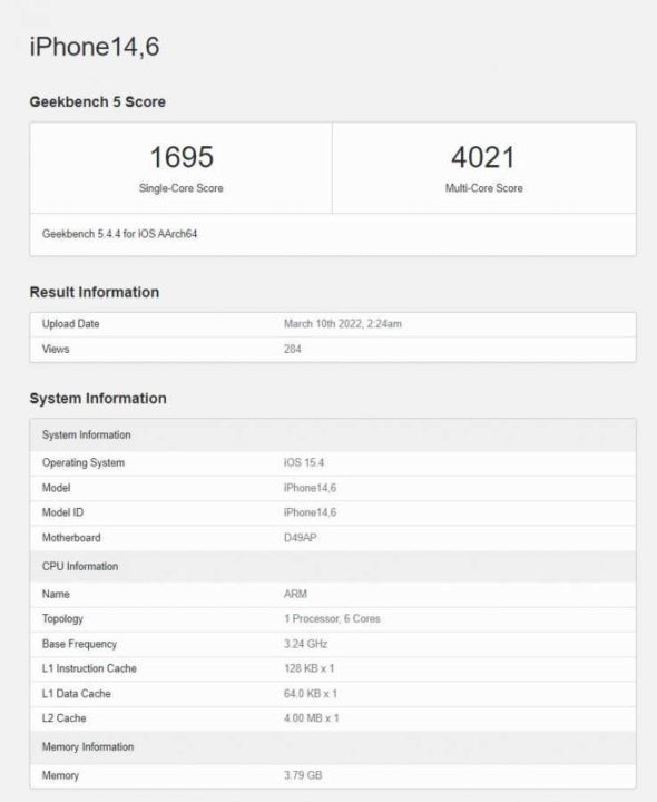 Apple Geekbench hardware for iPhone SE