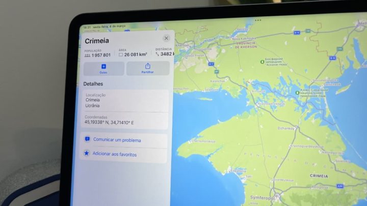 Imagem Apple Maps com a península da Crimeia, como parte da Ucrânia