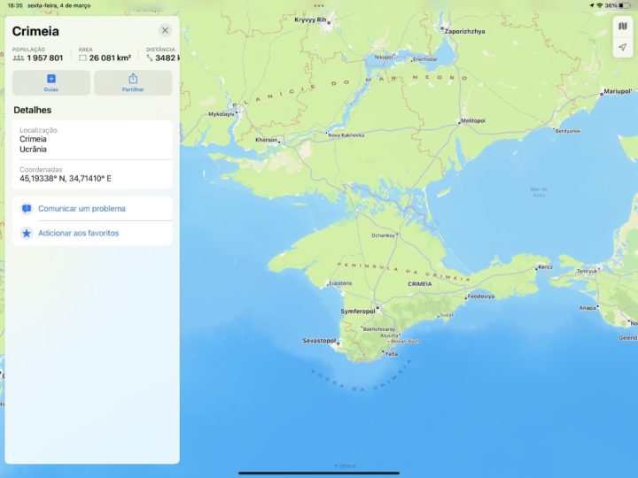Imagem Apple Maps com a península da Crimeia, como parte da Ucrânia