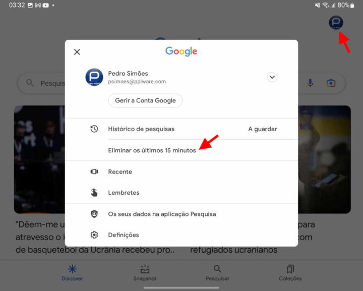 pesquisas app Google Android limpar