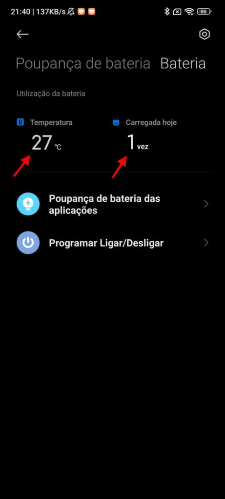 bateria Xiaomi temperatura informação MIUI