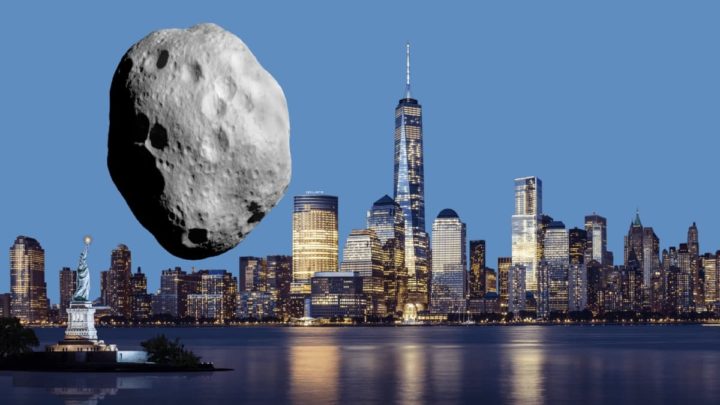 Illustration of an asteroid relative to One World Trade Center