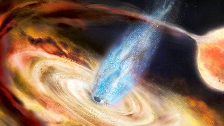 Ilustração de um buraco negro a devorar uma estrela e o som que produz
