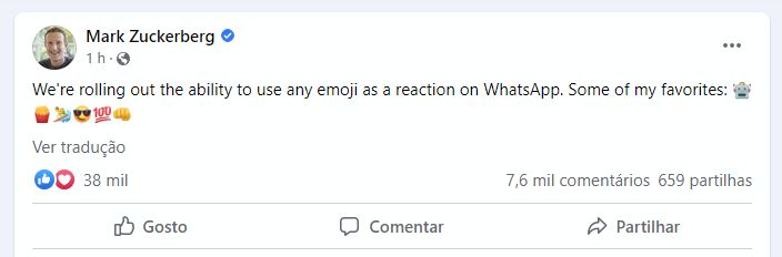 Mark Zuckerberg confirma: reações no WhatsApp já podem ser feitas com qualquer emoji