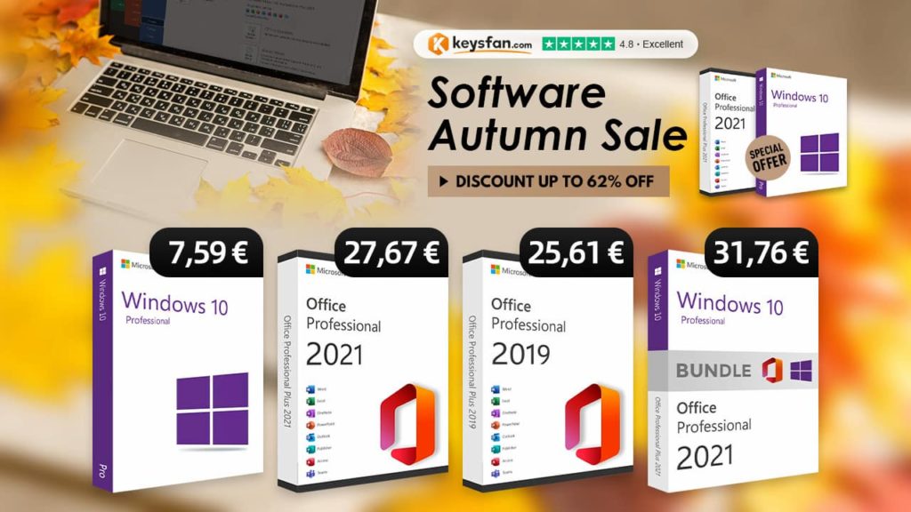 Promo de Outono Keysfan: Office 2021 a €13,73, Windows 10 Pro a €6,15