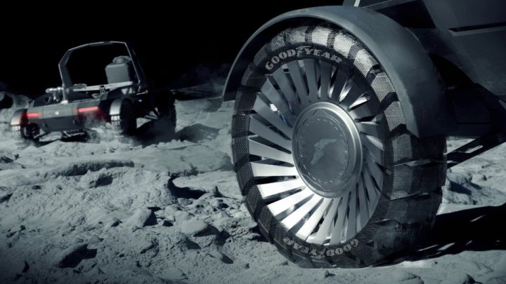 Ilustração dos pneus Goodyear na Lua