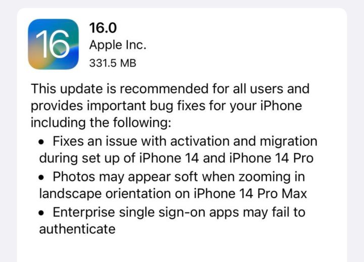 iOS 16.0.1 iPhone 14 Apple Update