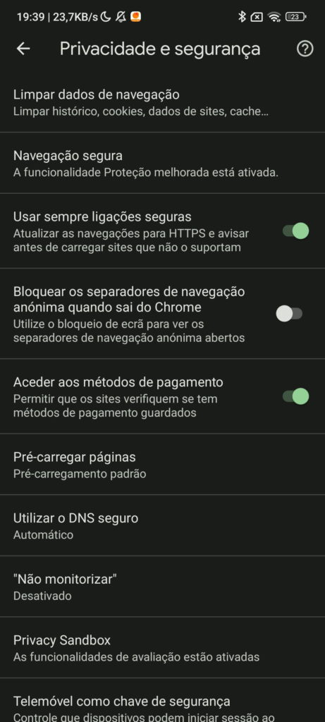 Google Chrome Android proteção browser