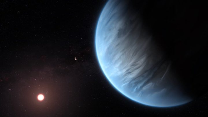 Ilustração de um exoplaneta no seu sistema solar que poderá ter astrónomos alienígenas