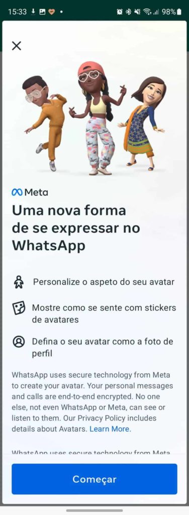 WhatsApp avatar expressar mensagens personalização