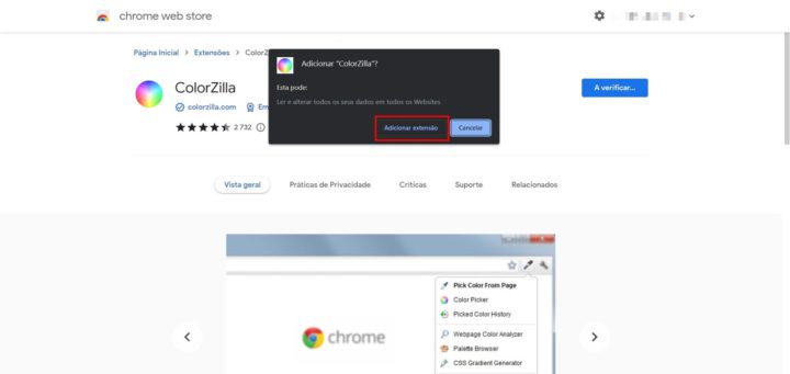 Instalar extensão de deteção de cores ColorZilla no Chrome
