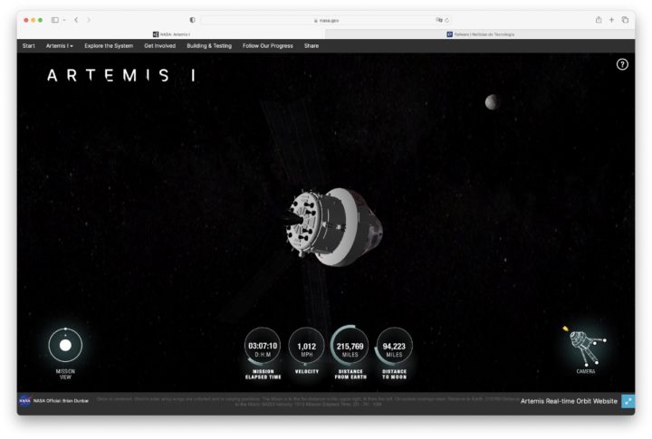 Imagem site da NASA com dados da missão Artemis 1 rumo à Lua