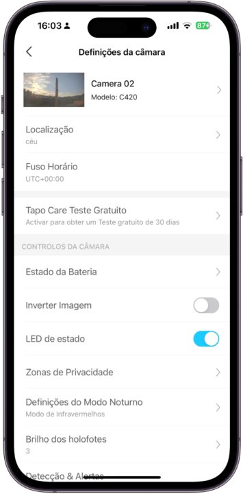Imagem app Tapo para gerir a Câmara de Videovigilância TP-Link