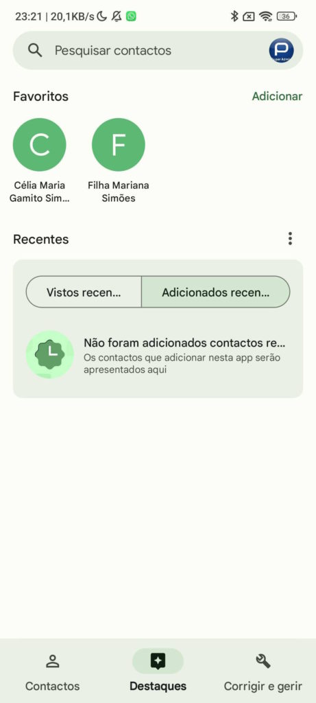 Separador Destaques da app Contactos da Google para o Android