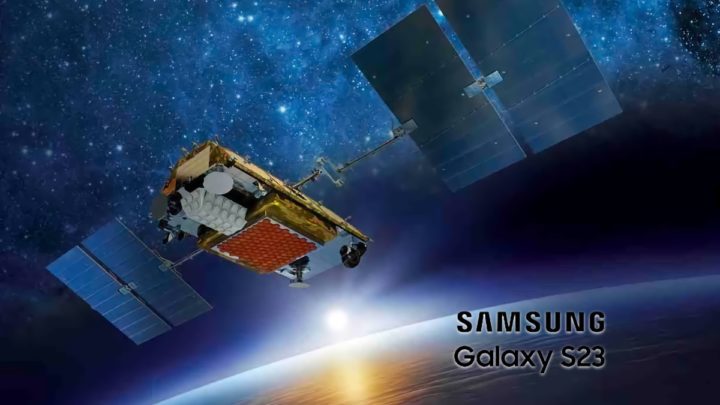 Ilustração Smartphones Samsung Galaxy S23 com ligações de satélites Iridium