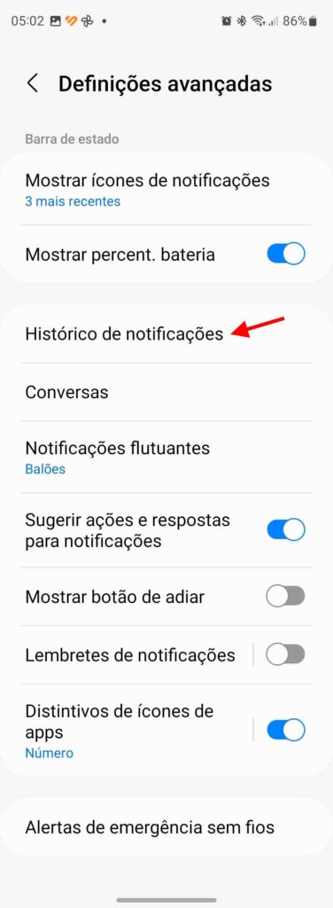 Android 13 notificações histórico alertas