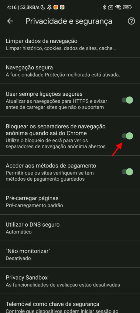 Chrome Android separadores navegação anónima