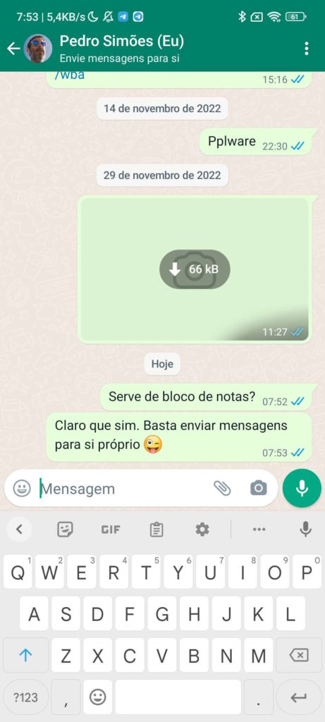 WhatsApp mensagens próprios bloco notas