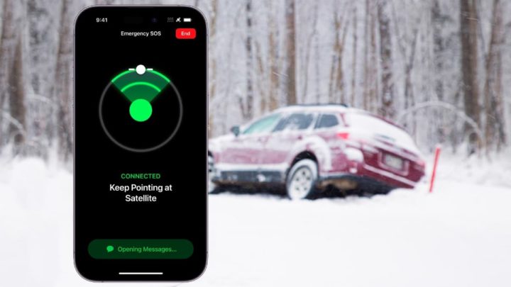 Ilustração de carro de mulheres presas na neve no Canadá salvas pelo iPhone 14 e o SOS Emergência via Satélite