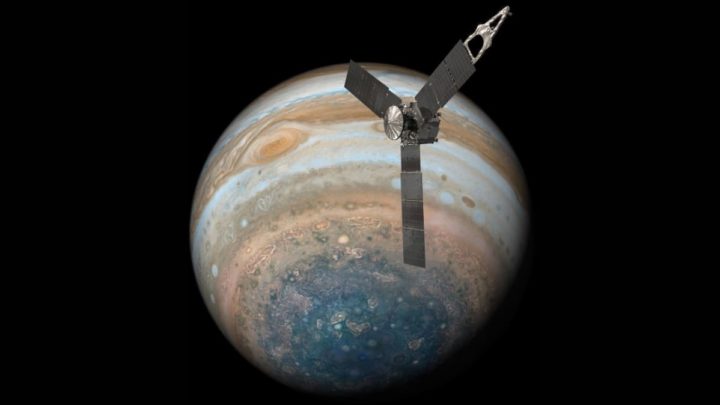 Illustration of NASA's Juno spacecraft passing Jupiter