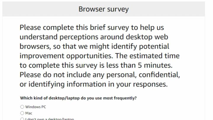 Inquérito da Amazon aos consumidores sobre a utilização de browsers