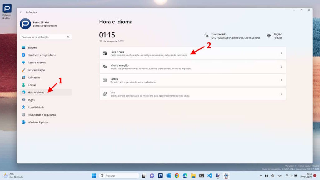 Windows 11 relógio hora Microsoft ajustar