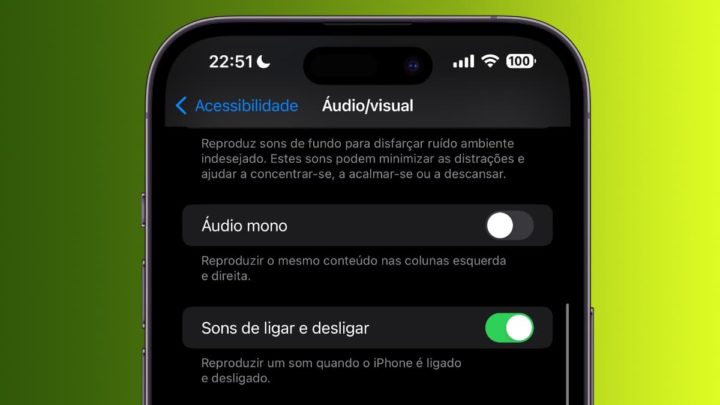Imagem do iPhone 14 Pro Max com a definição Som de ligar e desligar ativada