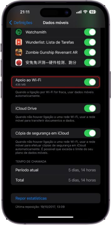 Imagem do menu onde se pode desativar o Apoio ao Wi-Fi para não mudar para dados móveis